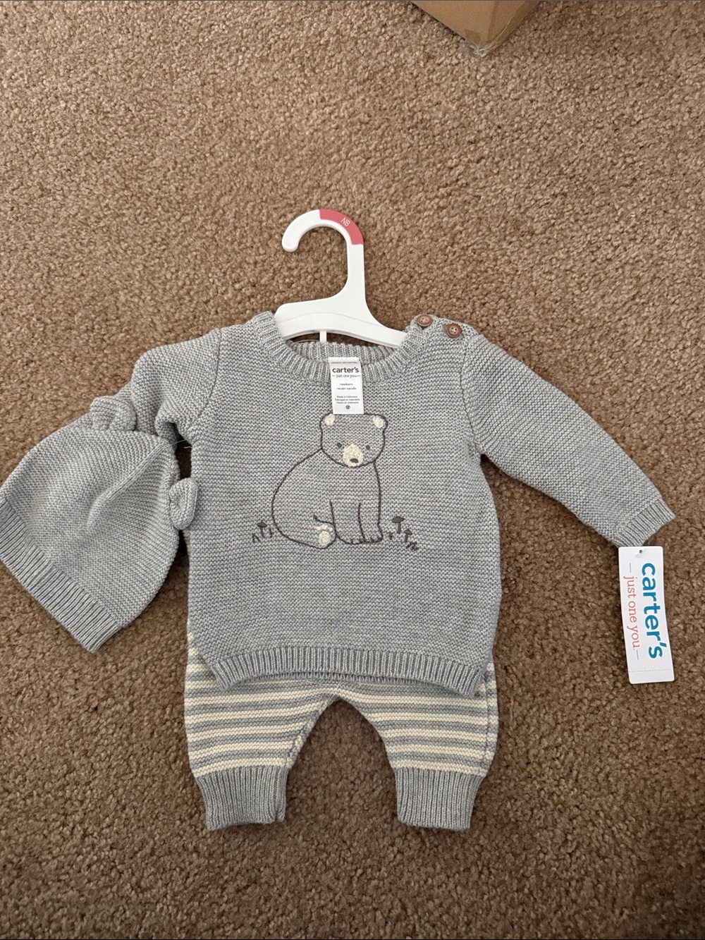 Carter's Gray Knit Bear Sweater Set with Striped Pants